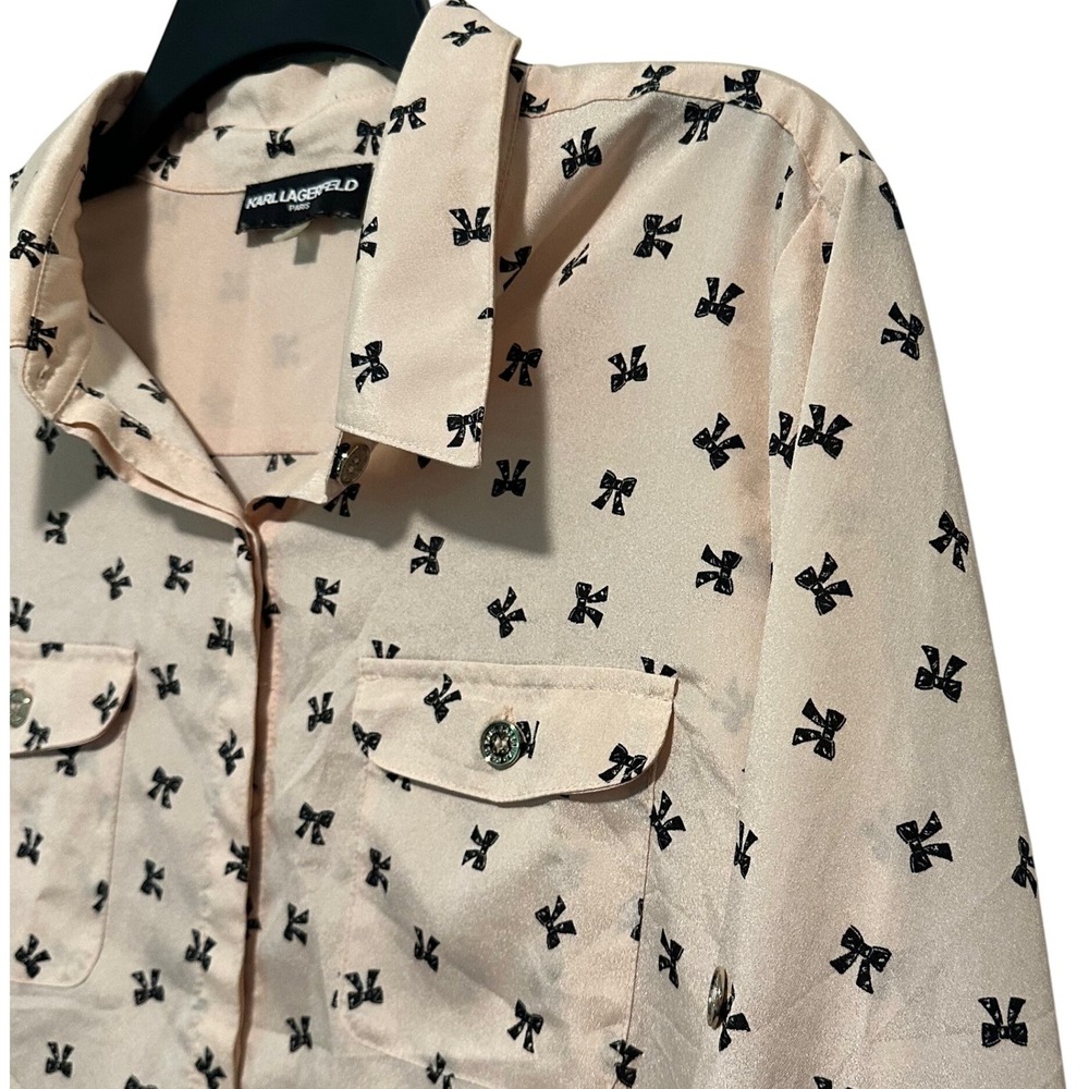Karl Lagerfeld Paris Womens Large Blush‎ Pink Black Bow Print Roll Tab Blouse